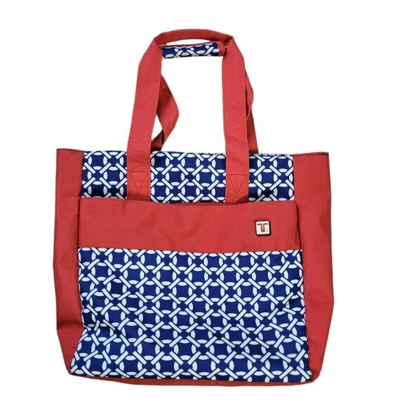 Travelon Red & Blue Geometric Travel Tote Bag With Zipper Closure & Inner Pocket - Picture 2 of 12